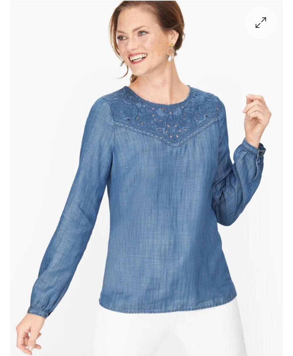 Talbots Chambray Blue Embroidered Pullover Blouse, Women's size M